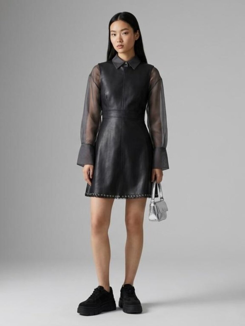 ZARA Black Faux Leather Grommet Hem Fit & Flare Mini Dress